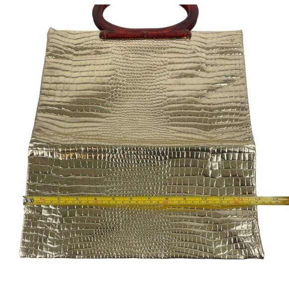Vintage Gold Embossed Faux Alligator Lucite Handles Purse Folding Tote Bag - Picture 12 of 12